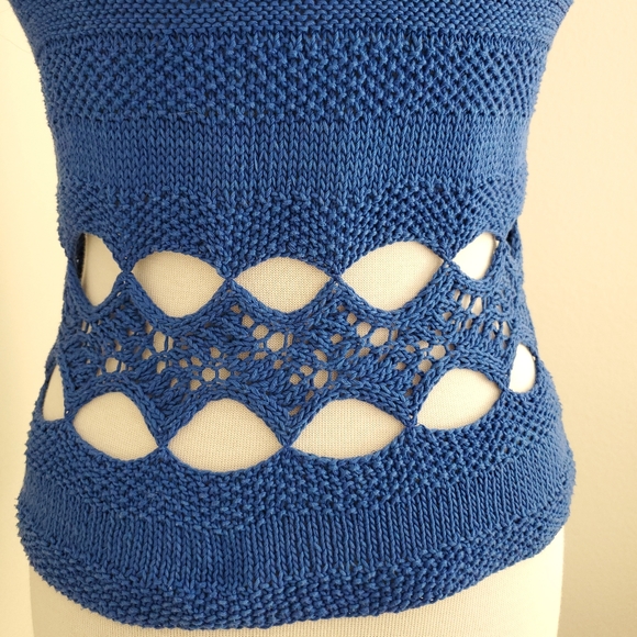Vintage knit crochet top blue cotton cutout tank scoop neck sleeveless boho S M - Picture 10 of 16